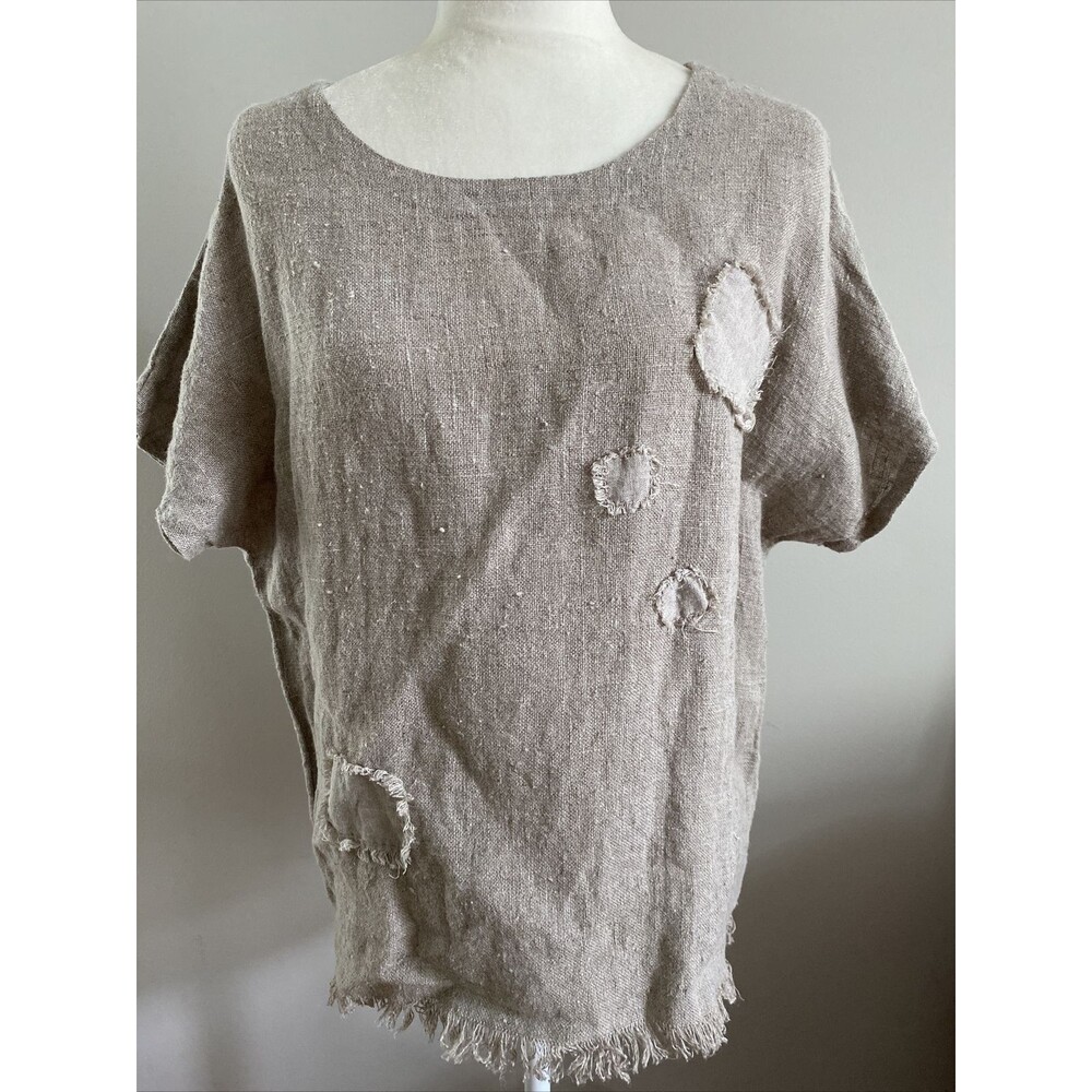 Women Top 100% Linen Eco Natural Gray Patchwork Handmade OOAK S M Rustic Dolman